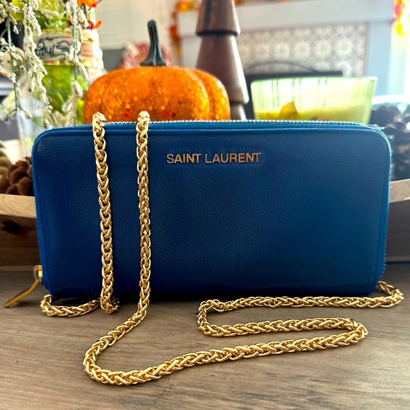 Saint Laurent Handbags - Saint Laurent Logo Blue Leather Zip Around Long Wallet added chain
